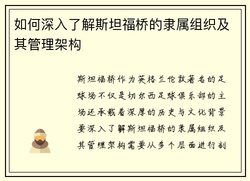 如何深入了解斯坦福桥的隶属组织及其管理架构