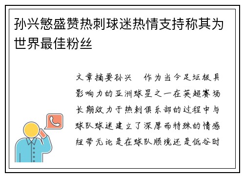 孙兴慜盛赞热刺球迷热情支持称其为世界最佳粉丝